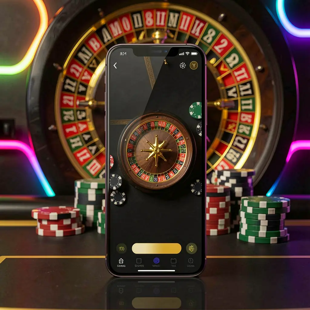Mobile casino application scene featuring a phone in the center with a roulette wheel and poker chips in the background, illuminated by glowing neon lights in a premium black and gold style, showcasing the AV1111 brand