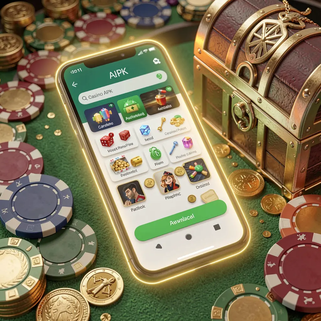 Glowing smartphone displaying AV1111 Casino APK Android app layout with treasure chest, chips, and coins nearby in a luxury 3D render