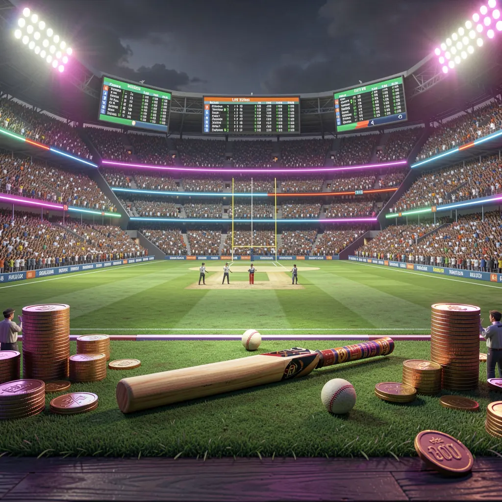 AV1111 cricket sportsbook scene showing a packed cricket stadium with a green field, bat and ball, digital live odds panels, coins, and neon lighting in a cinematic 3D render
