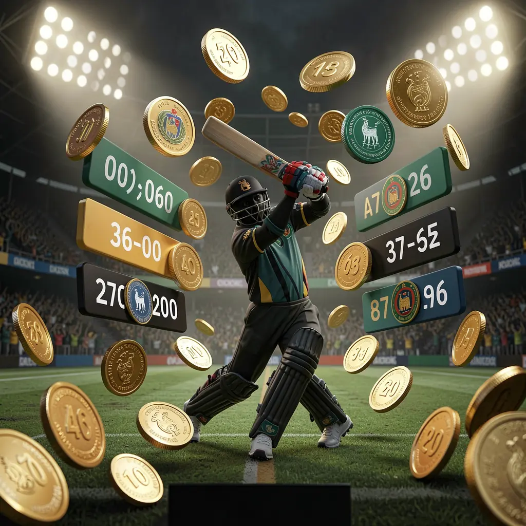 AV1111 live cricket odds visual featuring a cricket player silhouette batting under stadium lights with floating odds graphics and golden coins on a premium dark sports background