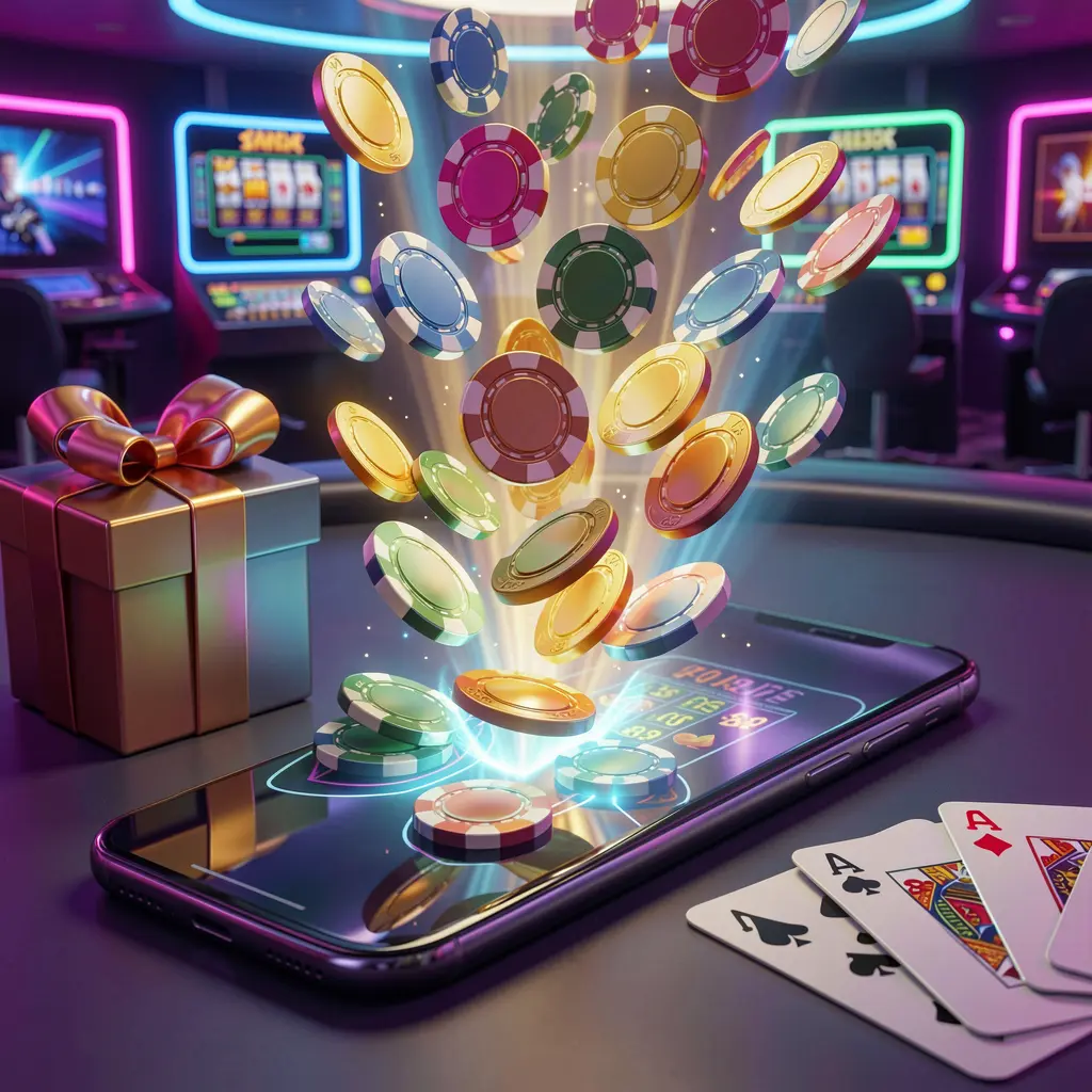 AV1111 mobile casino bonus scene with a modern smartphone displaying glowing casino chips and coins emerging from the screen, surrounded by a gift box and playing cards in a bright neon casino atmosphere