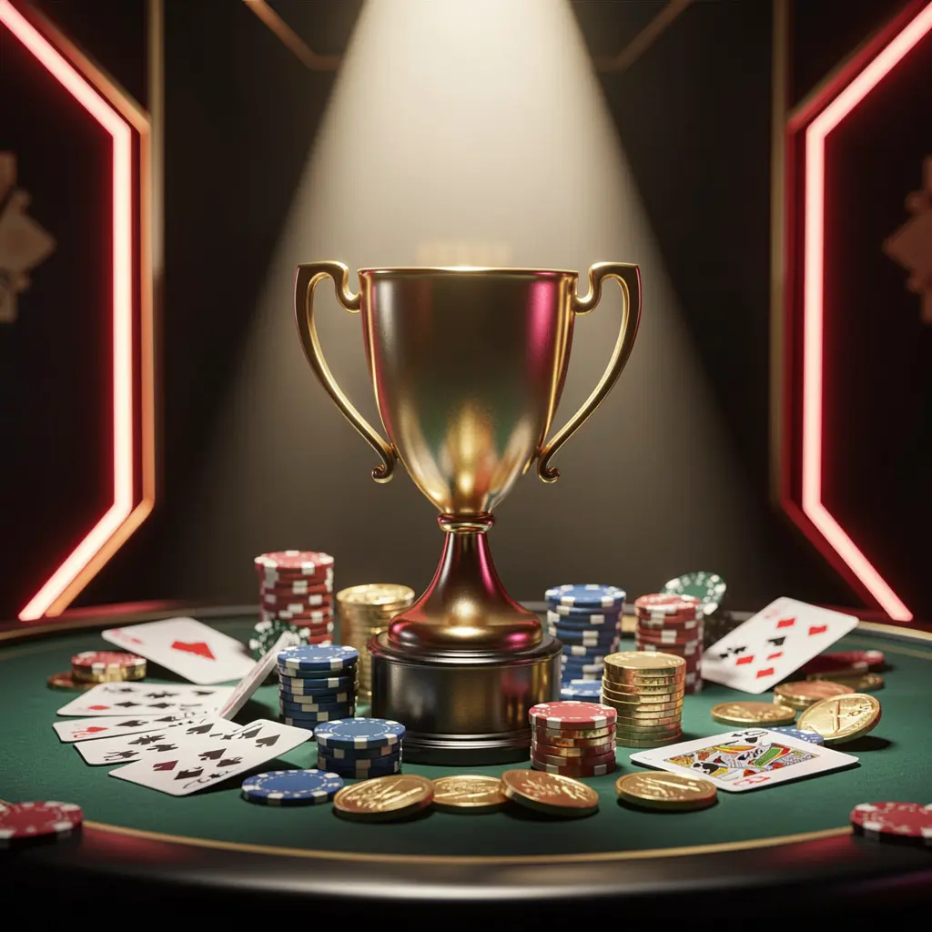 AV1111 casino tournament bonus concept featuring a golden trophy surrounded by poker chips, playing cards, and coins under a bright spotlight in a competitive luxury casino atmosphere with dark background and red and gold neon accents