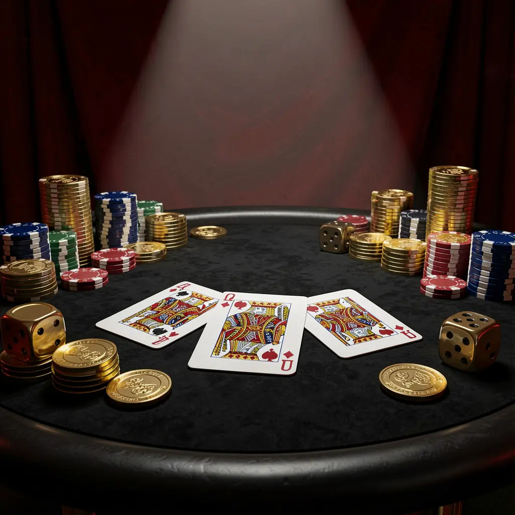 AV1111 casino table featuring a royal flush hand with poker chips, golden coins, and dice on a luxury black and red background under a dramatic spotlight in a realistic 3D render
