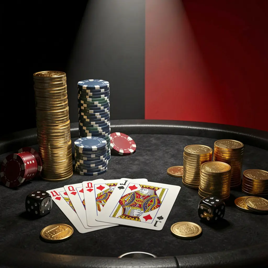 AV1111 casino table featuring a royal flush poker hand, colorful poker chips, golden coins, and dice on a luxurious black and red background under dramatic spotlight in a realistic 3D render