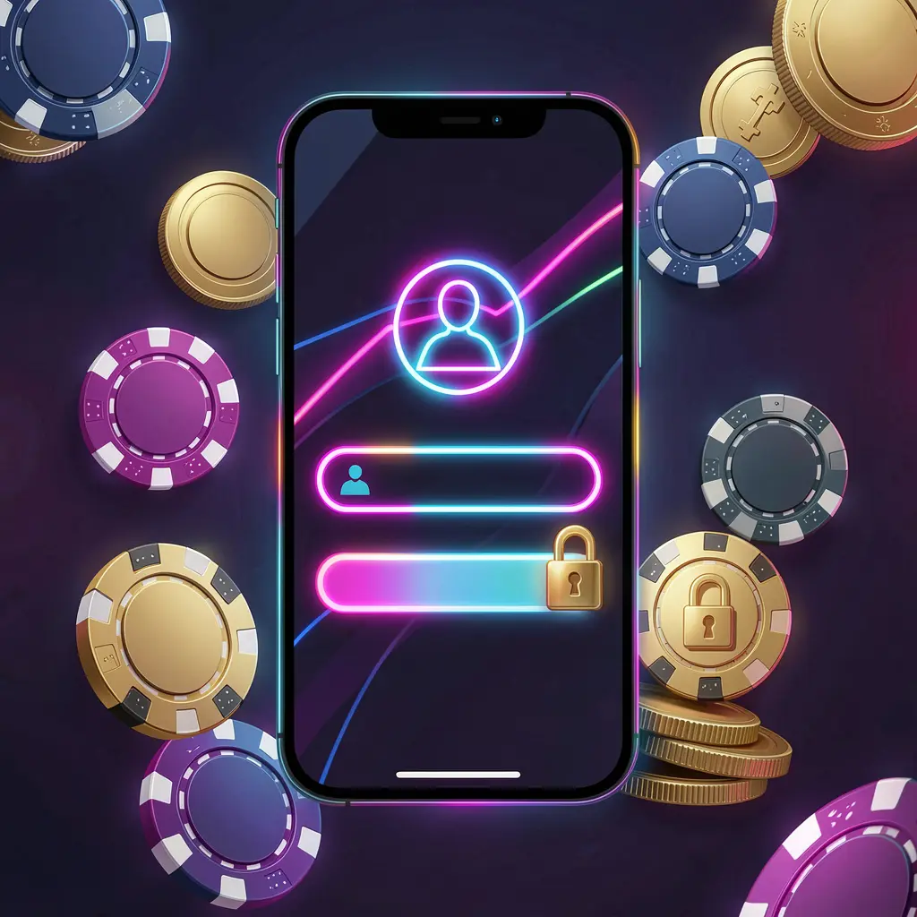 AV1111 mobile gaming login page concept showing a smartphone with an abstract login interface featuring user and lock icons, surrounded by casino chips and coins under luxury neon lighting