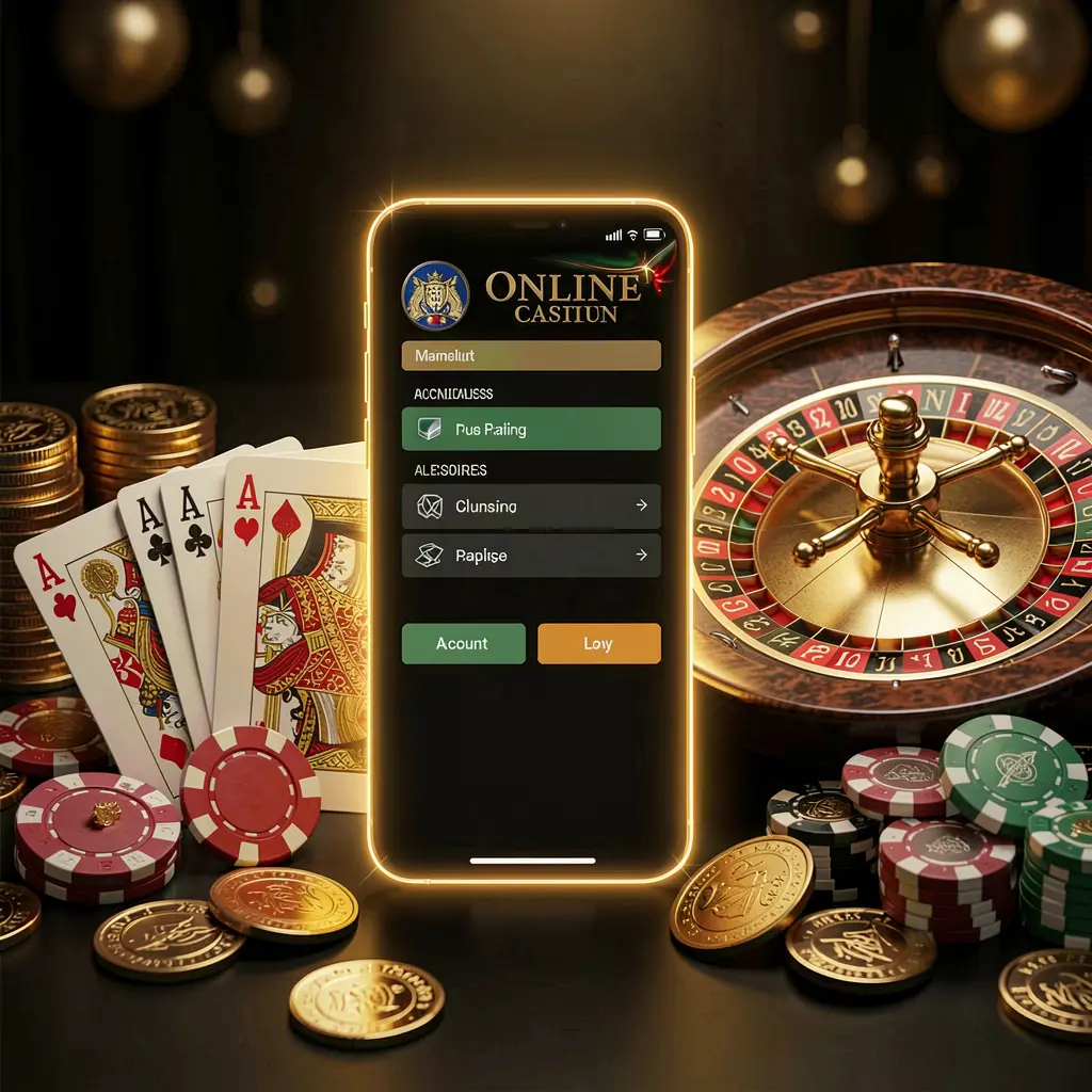 AV1111 online casino account portal with glowing smartphone, premium cards, chips, roulette wheel, and coins against a black and gold background with cinematic lighting