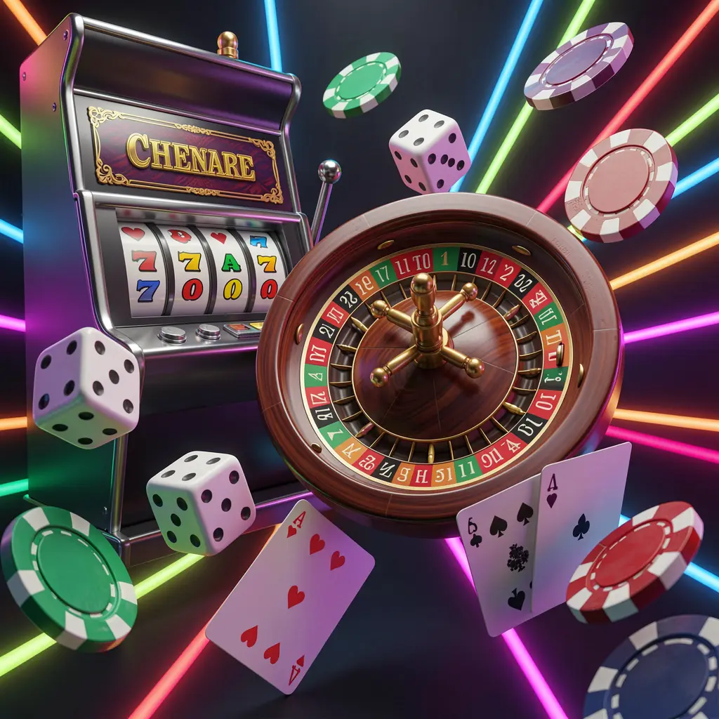 AV1111 casino games collection homepage visual featuring a slot machine, roulette wheel, dice, playing cards, and poker chips floating together with colorful neon lights in a premium 3D render